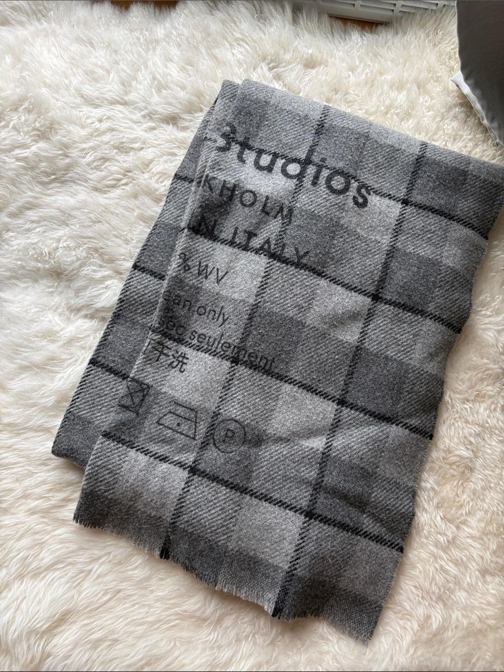 Acne Gray Plaid Wool Scarf with Logo